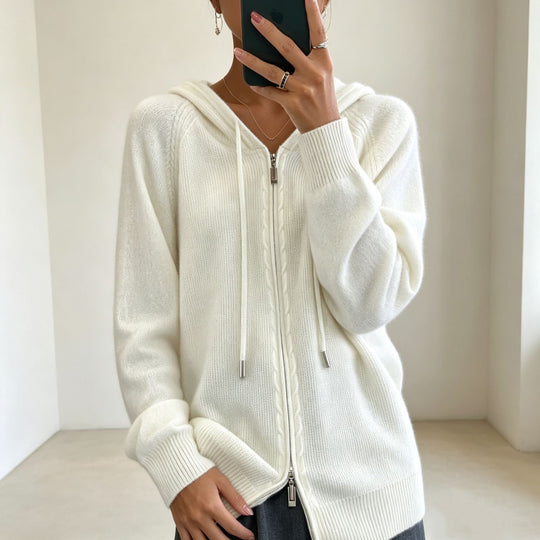 Damen Kapuzen-Cardigan mit Reißverschluss, feinem Feinstrick und gerippten Bündchen Shop Nory