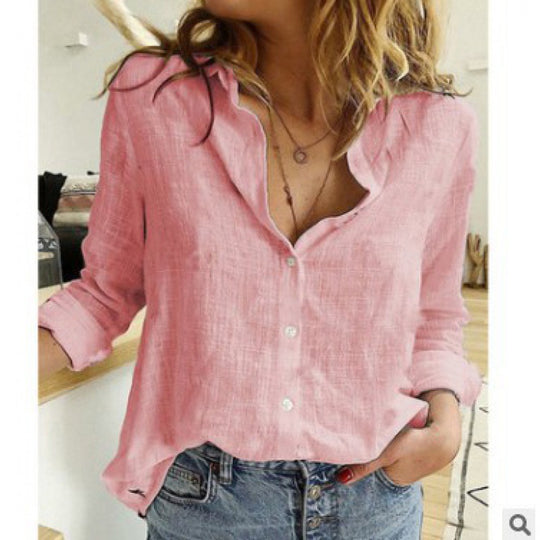 Damen Leichte Leinenbluse im legeren Oversize‑Schnitt mit Stufenkragen und durchgehender Knopfleiste Shop Nory