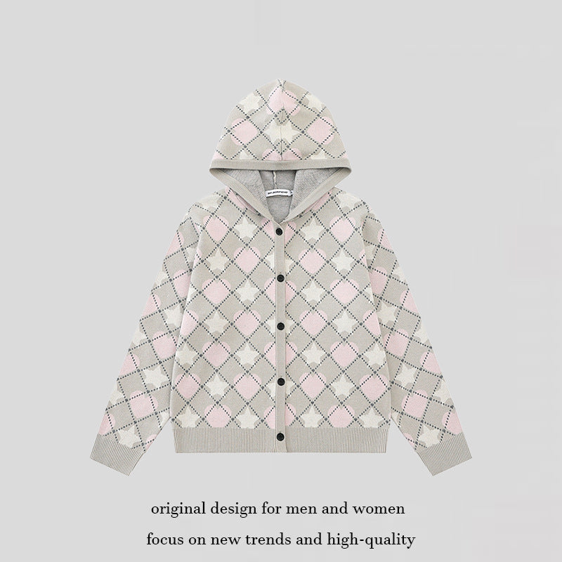 Damen Strick-Kapuzenjacke mit Rautenjacquard und Knopfleiste Shop Nory