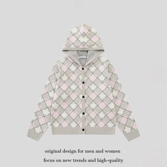 Damen Strick-Kapuzenjacke mit Rautenjacquard und Knopfleiste Shop Nory