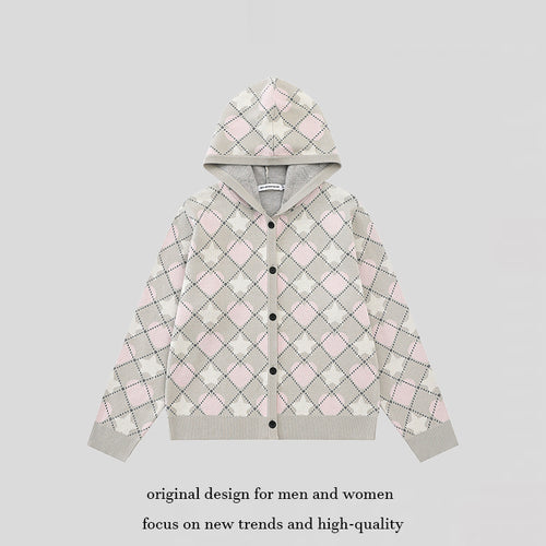Damen Strick-Kapuzenjacke mit Rautenjacquard und Knopfleiste Shop Nory