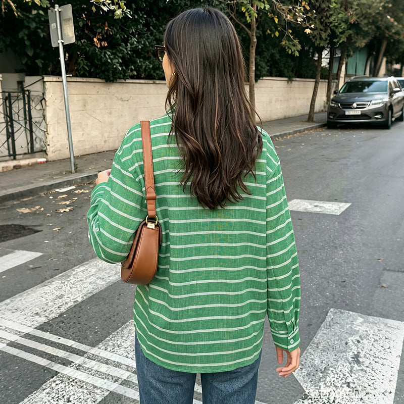 Damen Legere gestreifte Oversize-Hemdbluse aus Leinenoptik mit Brusttasche Shop Nory