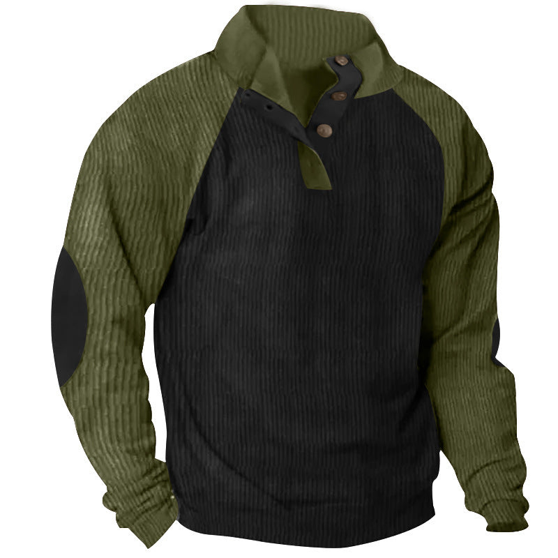 Herren Strukturiertes Raglan-Henley-Pullover mit Stehkragen, Ellenbogenpatches & Knopfleiste Shop Nory