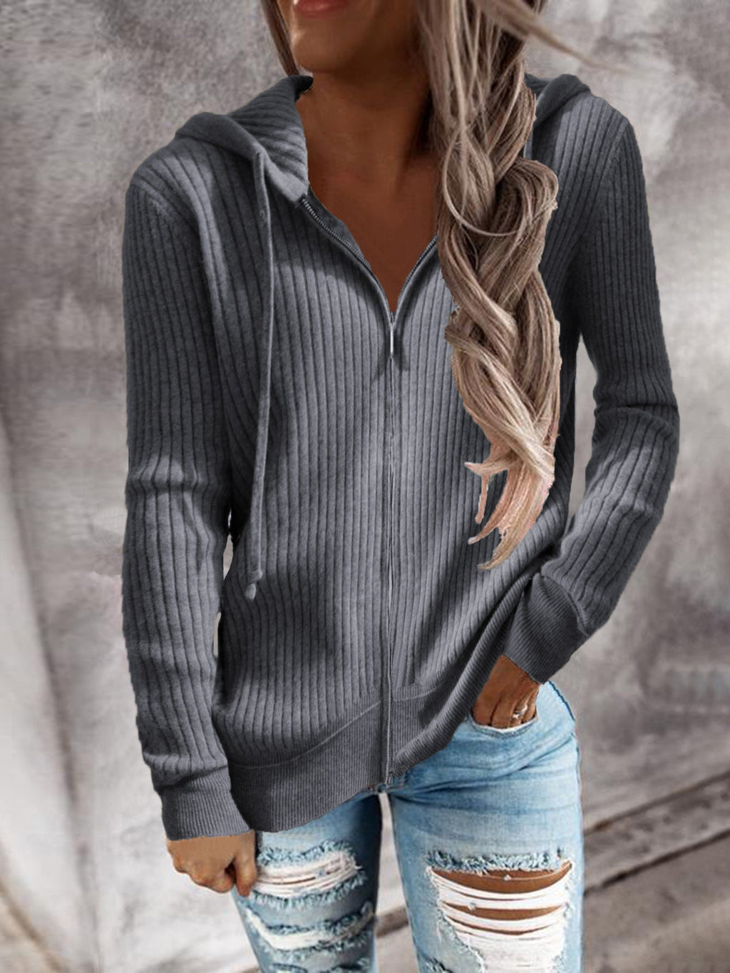 Damen Kapuzenjacke im modernen Rippenstrickdesign mit Taschen