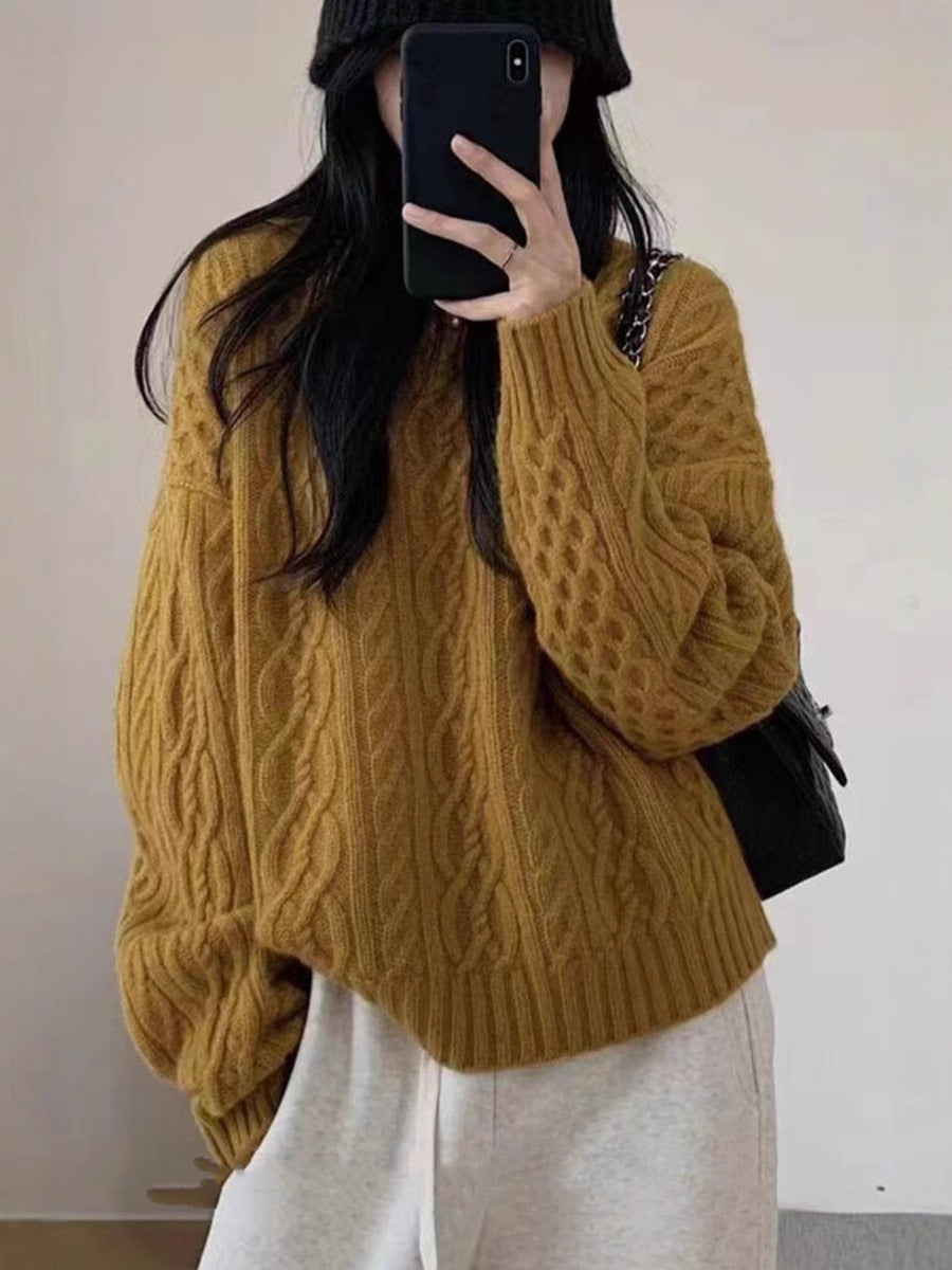 Damen Oversize Zopfmuster‑Pullover mit Rundhalsausschnitt und lässiger Schulterpartie Shop Nory