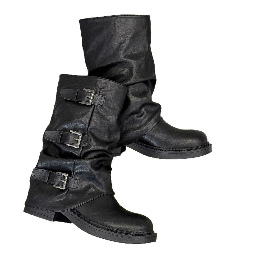 Damen modische Stiefel mit dekorativen Schnallen und robustem Profil