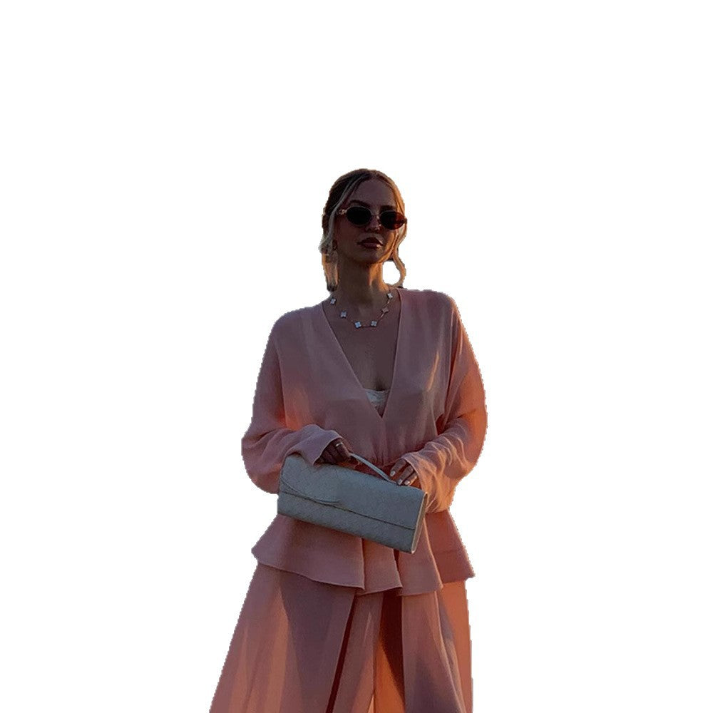 Damen Zweiteiliges Chiffon-Set mit V-Ausschnitt, voluminösen Ärmeln und Plissee-Maxirock Shop Nory