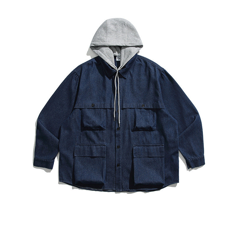 Unisex Boxy-Jeans-Überhemdjacke mit angenähter Kapuze und Multifunktionstaschen Shop Nory