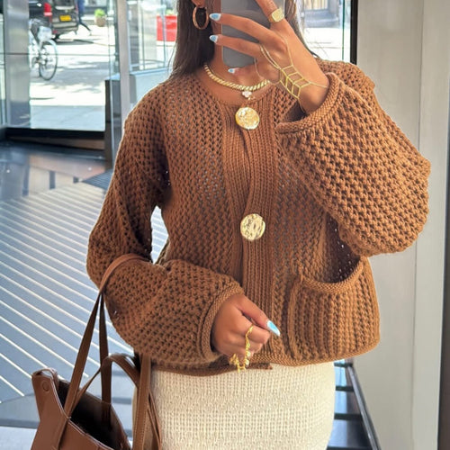 Damen Strickjacke mit offener Netz-Struktur, Zierknöpfen und aufgesetzten Taschen Shop Nory
