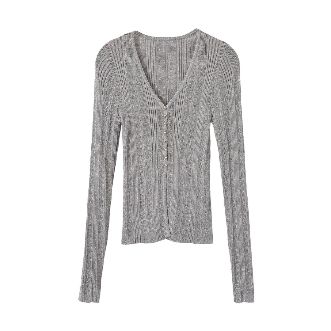 Damen Figurbetonter gerippter Feinstrick-Cardigan mit V‑Ausschnitt, Glanzfaden und Zierknopfleiste Shop Nory