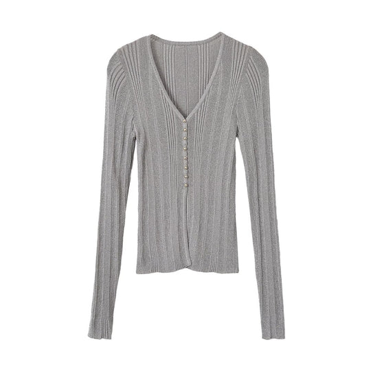 Damen Figurbetonter gerippter Feinstrick-Cardigan mit V‑Ausschnitt, Glanzfaden und Zierknopfleiste Shop Nory