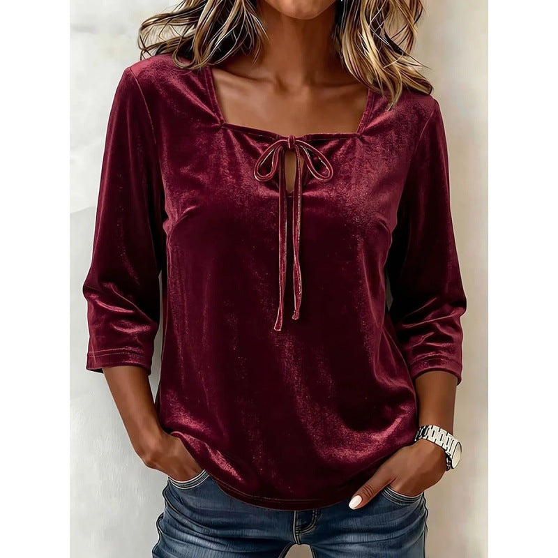 Damen Samtbluse mit eckigem Ausschnitt, Kordelzug und dreiviertel Ärmeln Shop Nory