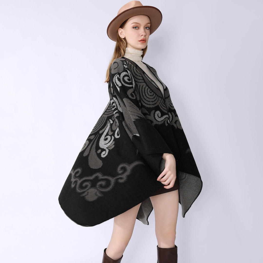 Damen Wollmix-Cape mit ornamentalem Jacquard, asymmetrischem Zipfel und weichfallendem Oversize-Fall Shop Nory