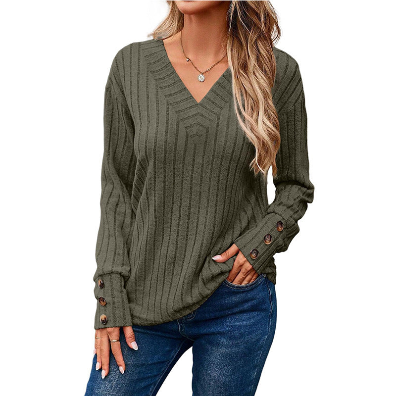 Damen Gerippter V-Ausschnitt Strickpullover mit Knopfmanschetten Shop Nory