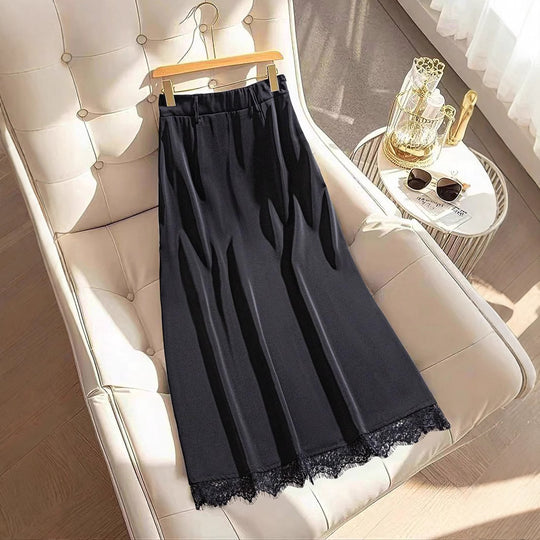 Damen Midirock mit Plisseefalten, hoher Taille, Taillengürtel und Spitzenbesatz Shop Nory