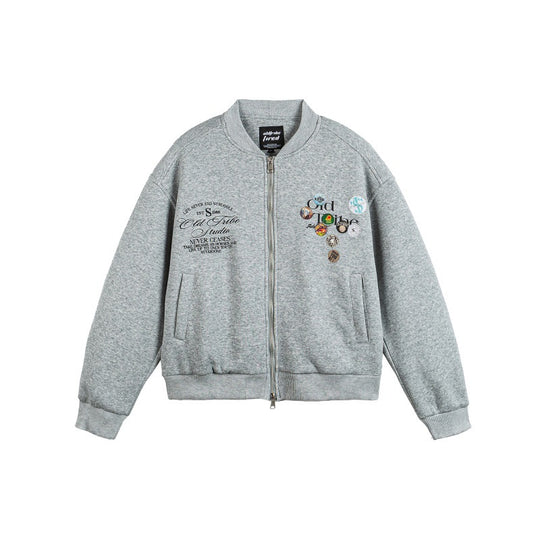 Unisex Boxy‑Sweatjacke mit durchgehendem Reißverschluss, Badge‑Applikationen und geripptem Saum Shop Nory