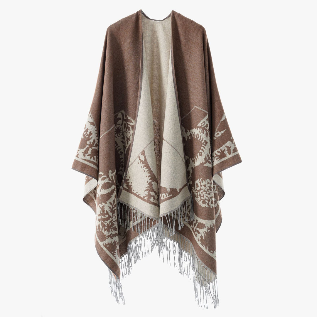 Damen Wendbarer Feinstrick-Poncho mit Jacquardmuster und Fransensaum Shop Nory