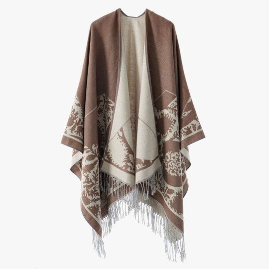 Damen Wendbarer Feinstrick-Poncho mit Jacquardmuster und Fransensaum Shop Nory