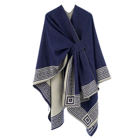 Damen Cape-Umhang aus Wollmix, reversibel mit Bindegürtel und Mäanderbordüre Shop Nory