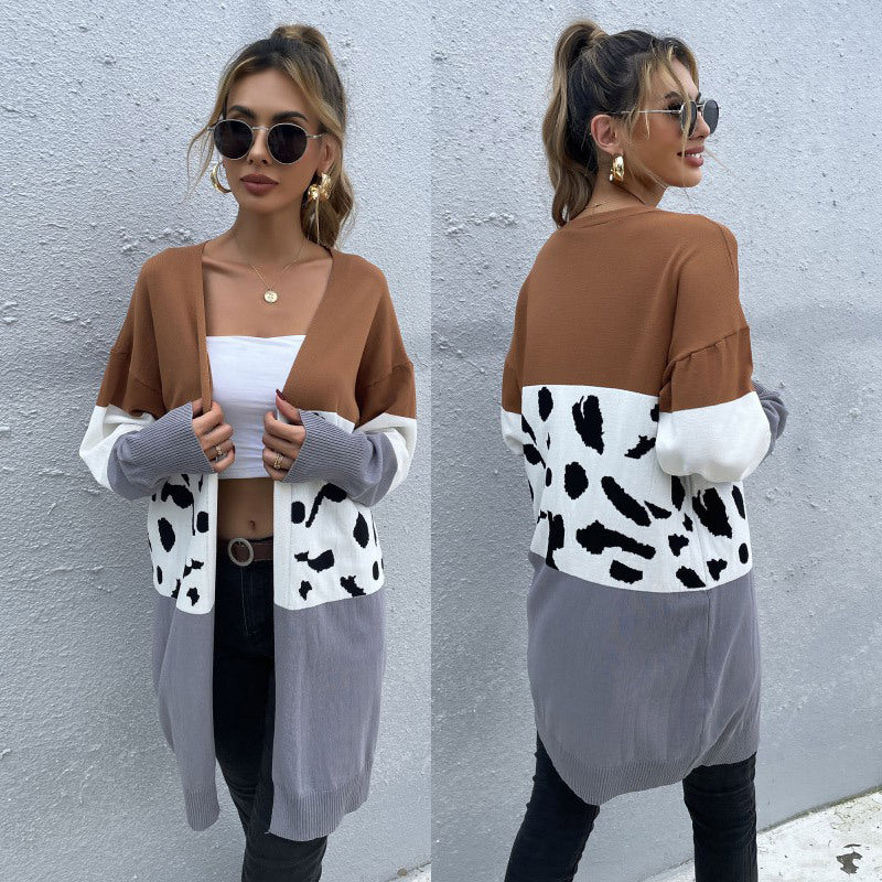 Damen Offene Longcardigan im Blockdesign mit Animal‑Intarsien und gerippten Abschlüssen Shop Nory