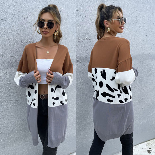 Damen Offene Longcardigan im Blockdesign mit Animal‑Intarsien und gerippten Abschlüssen Shop Nory