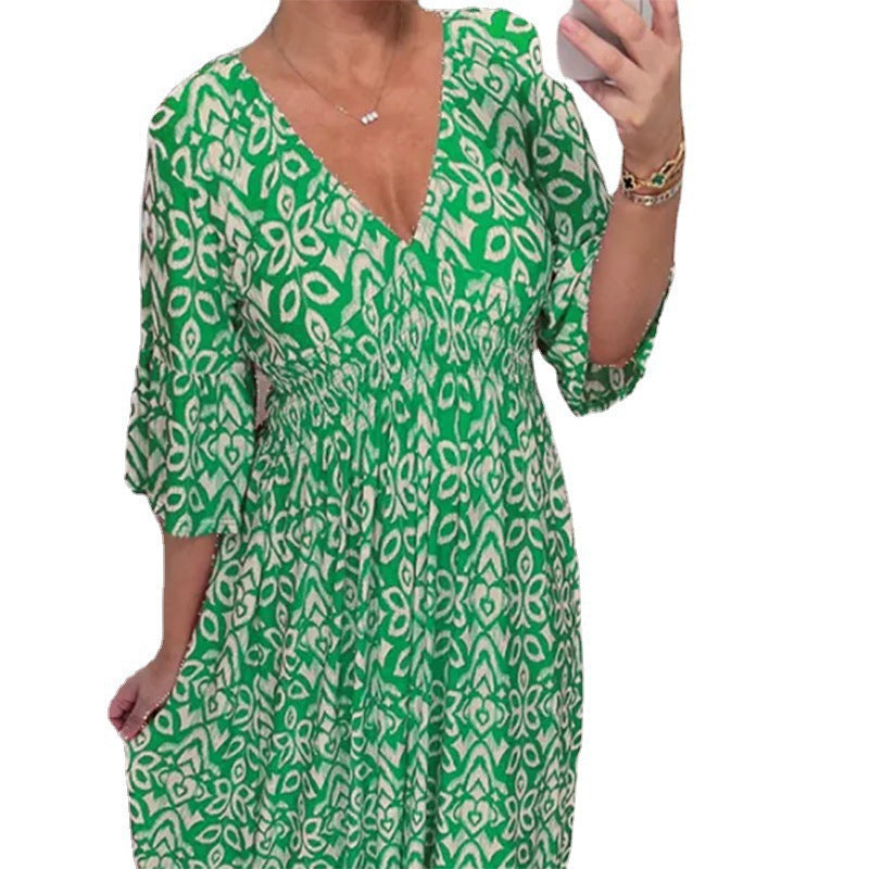 Damen Boho‑Maxikleid mit Smoktaillenband, Wickeloptik‑Dekolleté und Volantärmeln Shop Nory