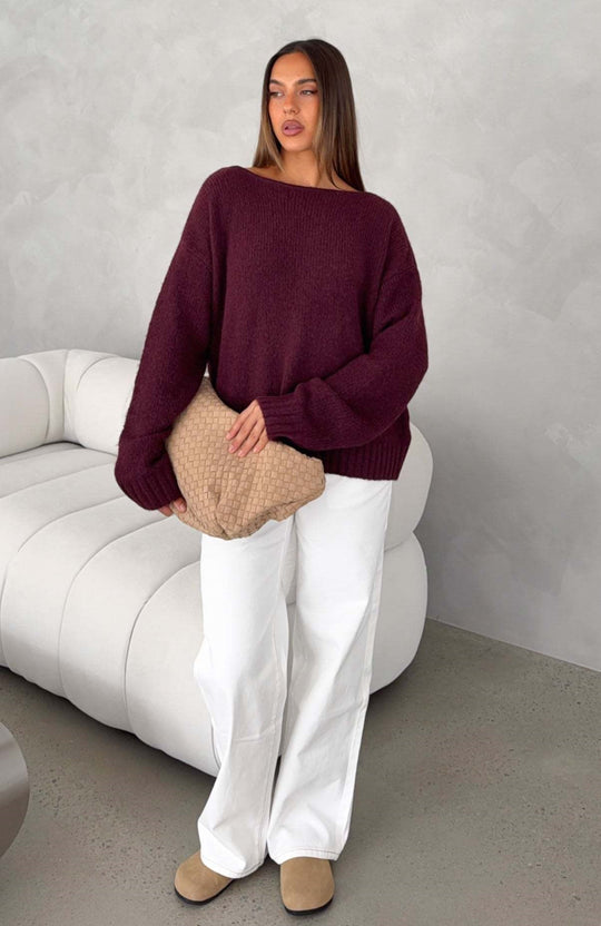 Damen Oversize Bouclé-Pullover mit weitem Boot-Ausschnitt und gerippten Bündchen Shop Nory