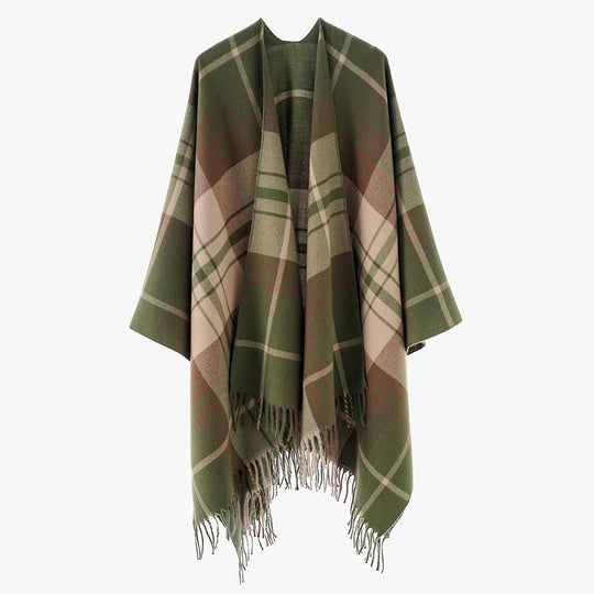 Damen Cape‑Poncho im Oversize‑Deckenstil mit tartanartigem Karomuster und Fransensaum Shop Nory