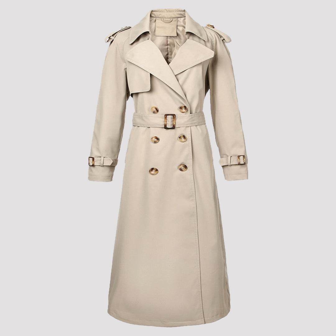 Damen Klassischer taillierter Doppelreihiger Trenchcoat mit Bindegürtel und Schulterklappen Shop Nory