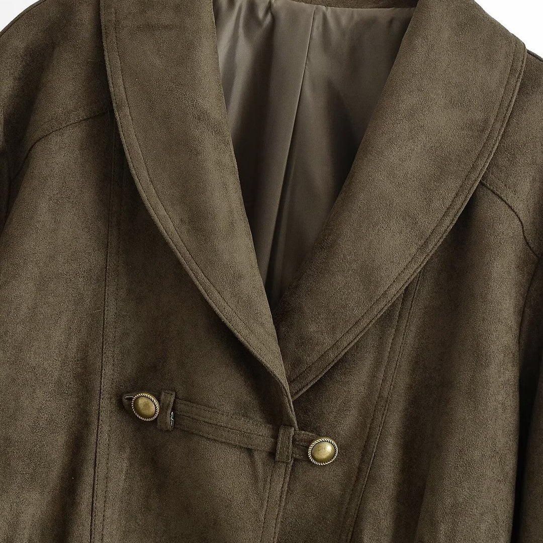 Damen Cropped Wildlederoptik-Jacke mit Schalkragen, Taillenraffung und dekorativen Knebelknöpfen Shop Nory