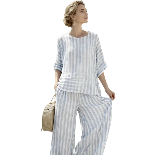 Damen Zweiteiliges gestreiftes Leinen‑Optik Lounge‑Set mit Oversize‑Bluse und High‑Waist Palazzo Shop Nory