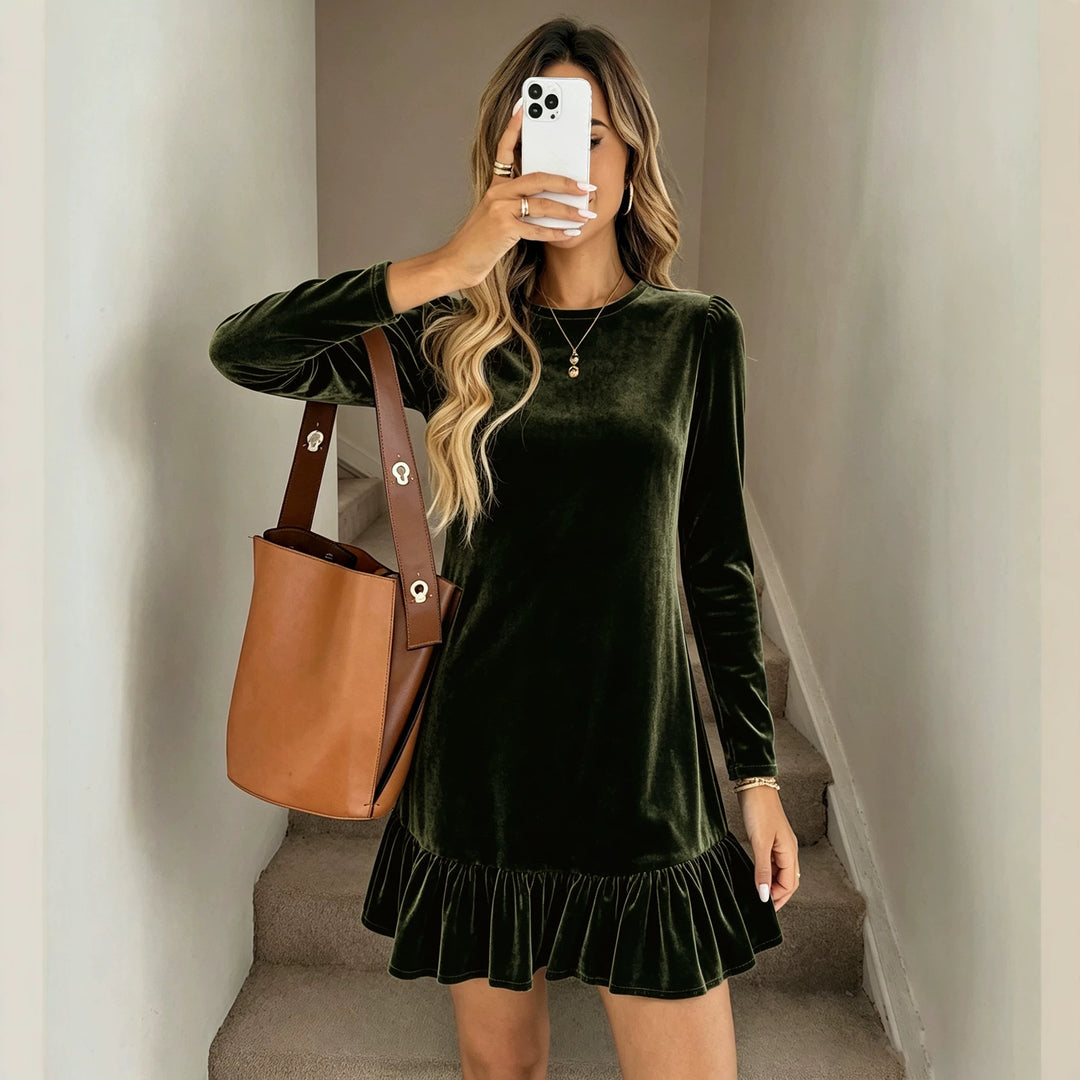 Damen Samt-Minikleid mit langen Ärmeln gerafftem Volantsaum und Puffschultern Shop Nory