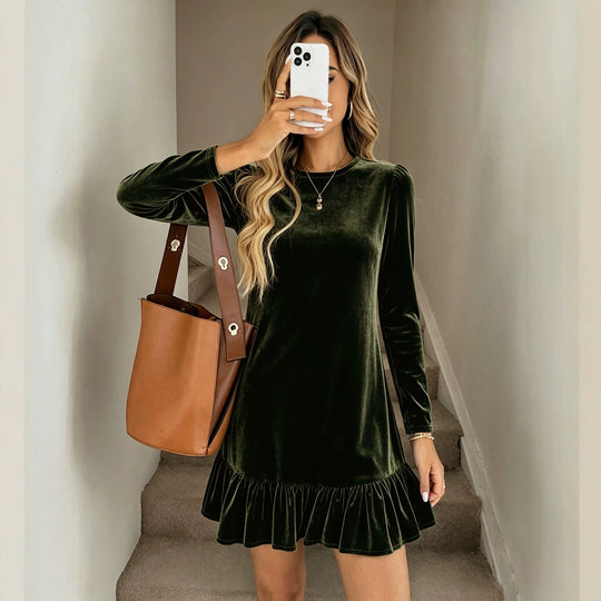 Damen Samt-Minikleid mit langen Ärmeln gerafftem Volantsaum und Puffschultern Shop Nory