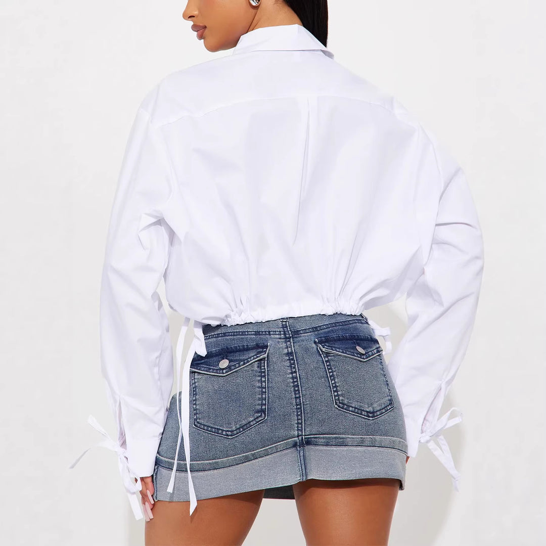 Damen Überschnittene Hemdbluse mit Tunnelzug‑Taille und Bindebändern Shop Nory