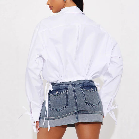 Damen Überschnittene Hemdbluse mit Tunnelzug‑Taille und Bindebändern Shop Nory