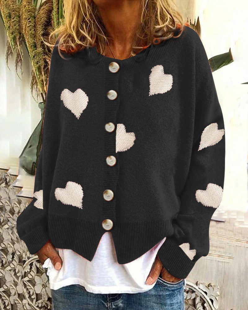 Damen Geknöpfter Oversize-Strickcardigan mit Herz-Jacquard und Perlmuttknöpfen Shop Nory