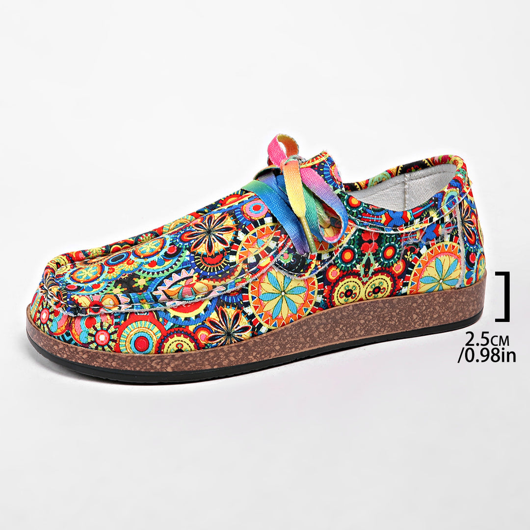 Damen Bequeme Plateau-Slipper im Ethno‑Print mit Korkoptik‑Sohle Shop Nory