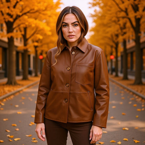Damen Overshirt-Jacke in Lederoptik mit aufgesetzter Brusttasche und verdeckter Knopfleiste Shop Nory