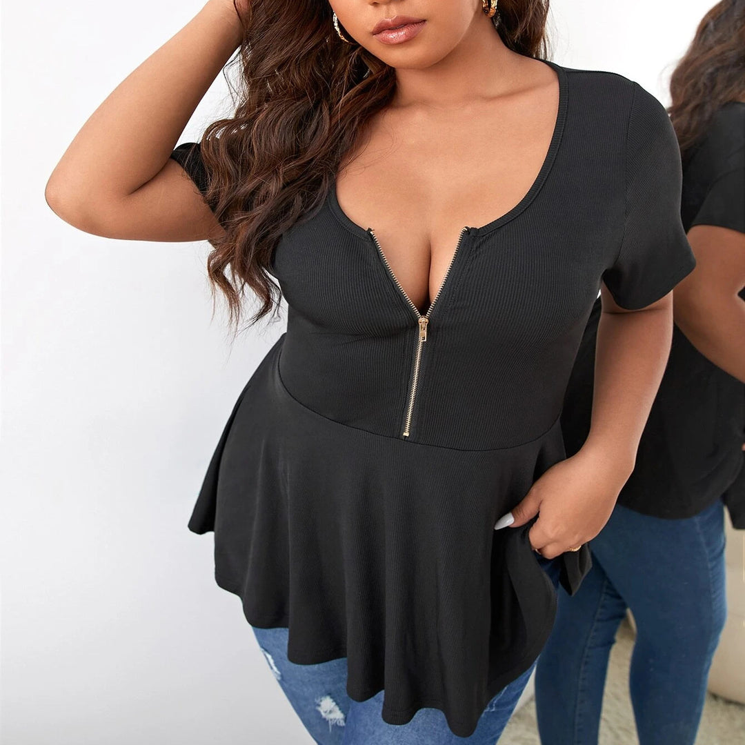 Damen Geripptes Zip-Peplum-Top mit tiefem V-Ausschnitt Shop Nory