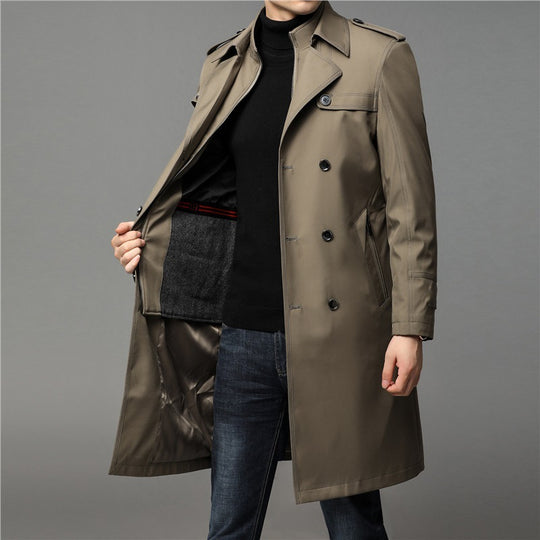 Herren knielanger Trenchcoat mit doppelreihiger Knopfleiste und Epauletten Shop Nory