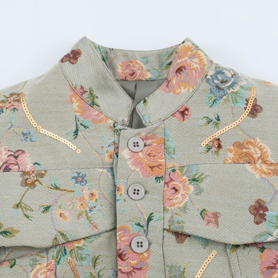 Damen Bestickte Jacquard-Kurzjacke mit Mandarin-Kragen und aufgesetzten Klappentaschen Shop Nory