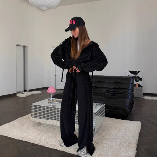 Damen Cropped Kapuzenjacke mit Kordelzug und weitem Split-Hose Lounge-Set Shop Nory