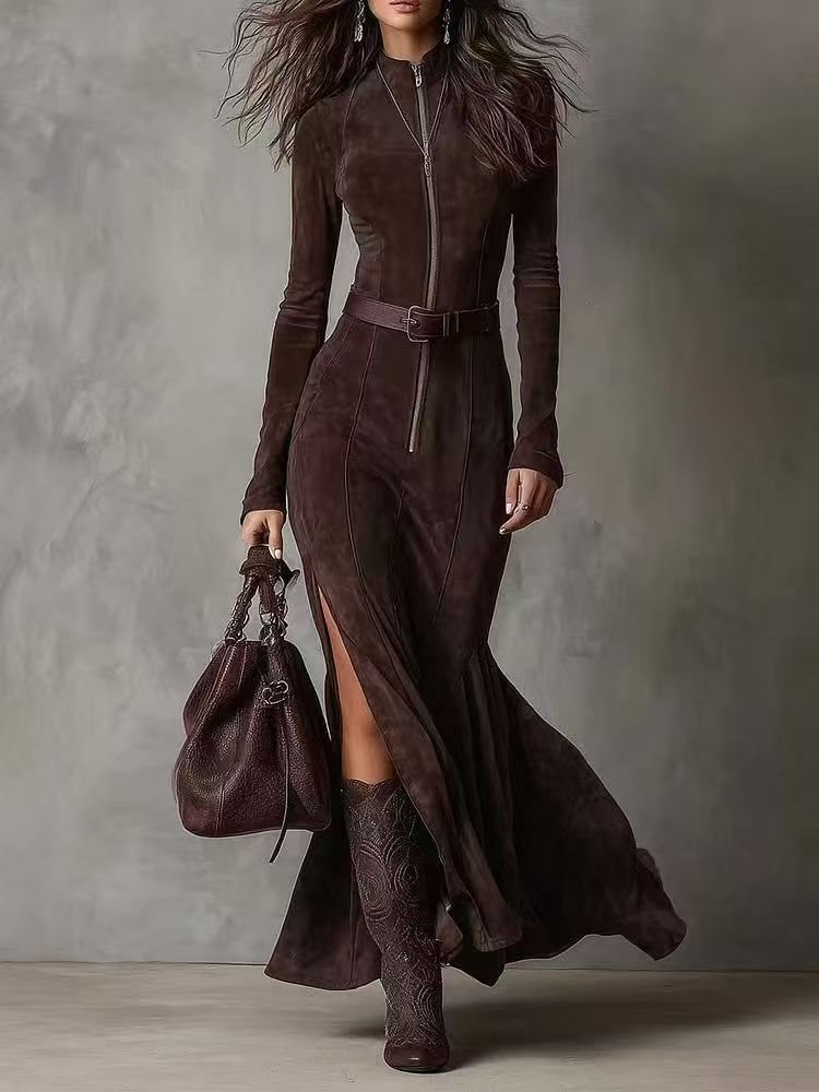 Damen Figurbetontes Midikleid aus Velourslederimitat mit Stehkragen und Zentralem Reißverschluss Shop Nory