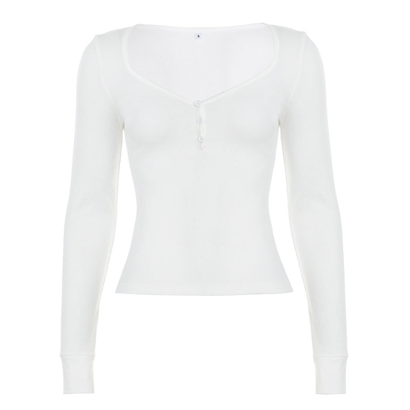 Damen nan figurbetontes geripptes Langarm-Henley-Top mit tiefem V-Ausschnitt und Knopfleiste Shop Nory