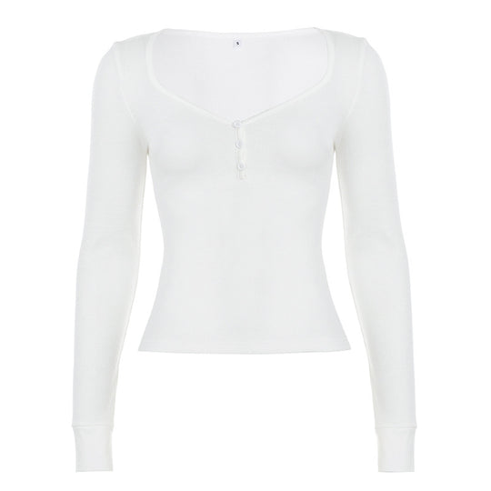 Damen nan figurbetontes geripptes Langarm-Henley-Top mit tiefem V-Ausschnitt und Knopfleiste Shop Nory
