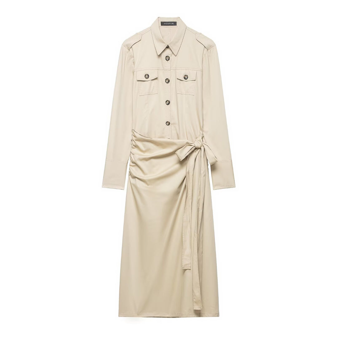 Damen Hemdblusenkleid mit Knotenbindegürtel, Pattentaschen und schmaler Taille Shop Nory