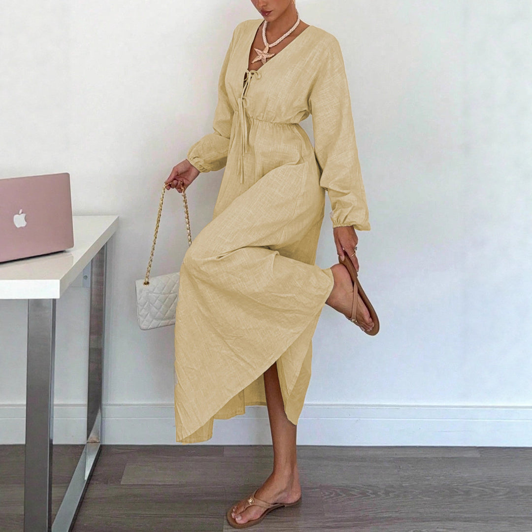 Damen Maxi‑Leinenkleid mit V‑Ausschnitt, Bindefront und Ballonärmeln Shop Nory