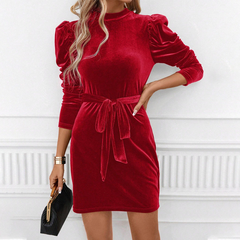 Damen samtiges tailliertes Minikleid mit Stehkragen gerafften Schultern langen Ärmeln und Bindegürtel Shop Nory