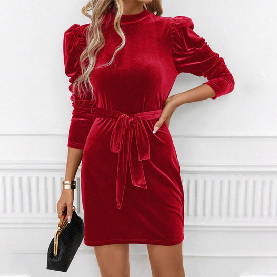 Damen samtiges tailliertes Minikleid mit Stehkragen gerafften Schultern langen Ärmeln und Bindegürtel Shop Nory