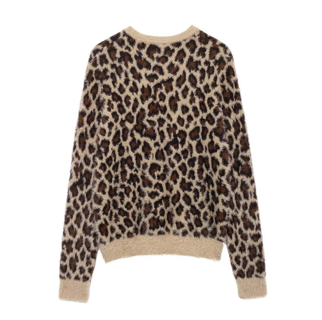 Damen Flauschiger Strickpullover mit Leopardenmuster und Rundhalsausschnitt Shop Nory